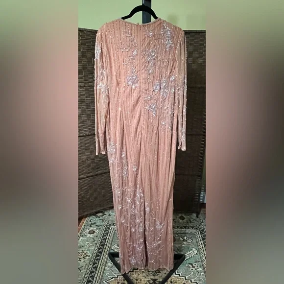 New Mac Duggal Pink Embellished High Neck Illusion Long Sleeve Gown - Size  14